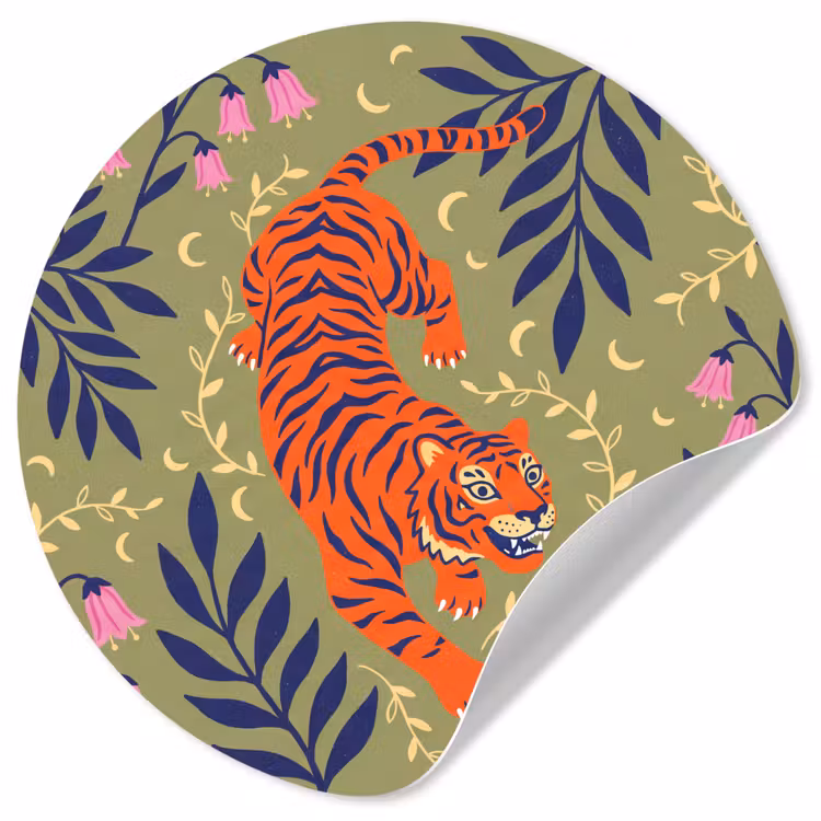 Behangcirkel - Tijger - Bladeren - Dieren - Illustratie - Oranje — 1