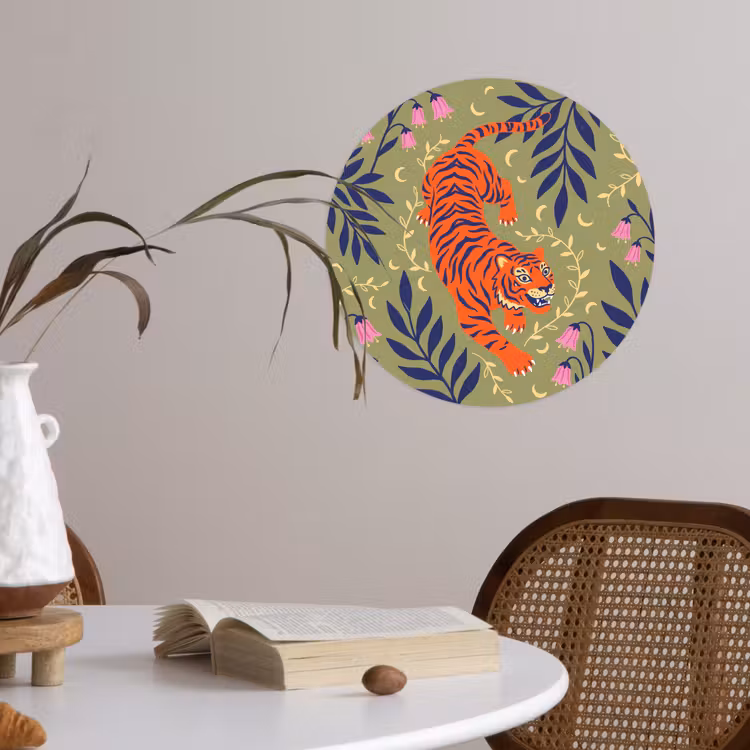 Behangcirkel - Tijger - Bladeren - Dieren - Illustratie - Oranje — 4