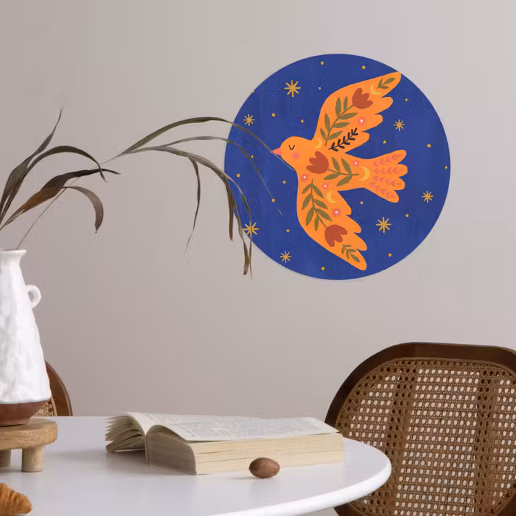 Behangcirkel - Vogel - Bloemen - Decoratief - Oranje - Blauw — 4