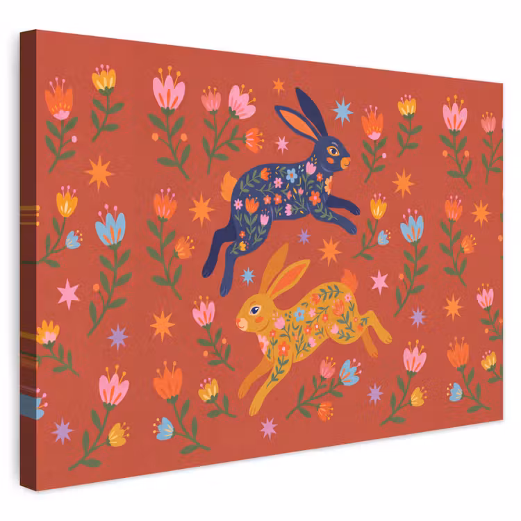 Buiten canvas - Konijn - Bloemen - Folk Art - Kleurrijk - Dieren — 1