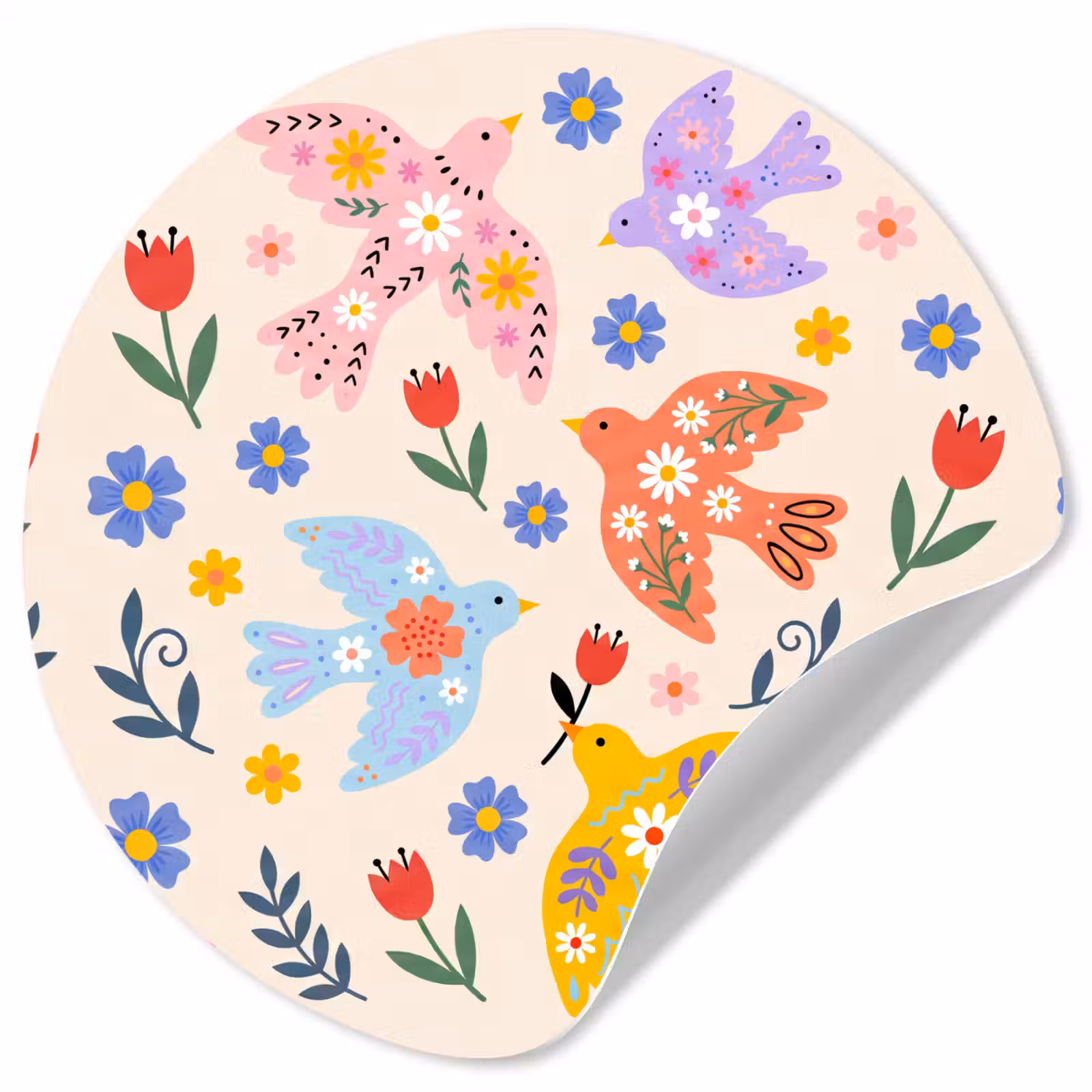 Behangcirkel - Vogel - Bloemen - Folk - Kleurrijk - Dieren — 1