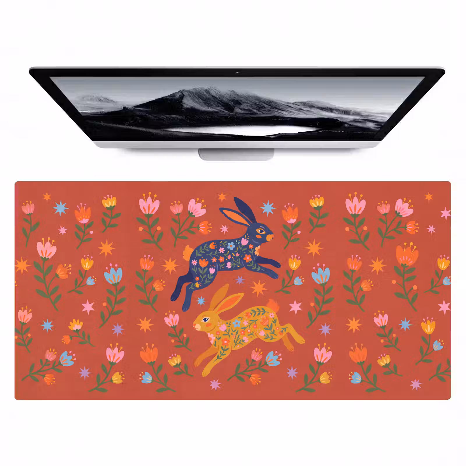 Bureau onderlegger - Konijn - Bloemen - Folk Art - Kleurrijk - Dieren — 1