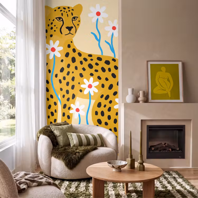Behang - Dieren - Jachtluipaard - Bloemen - Modern - Geel — 1