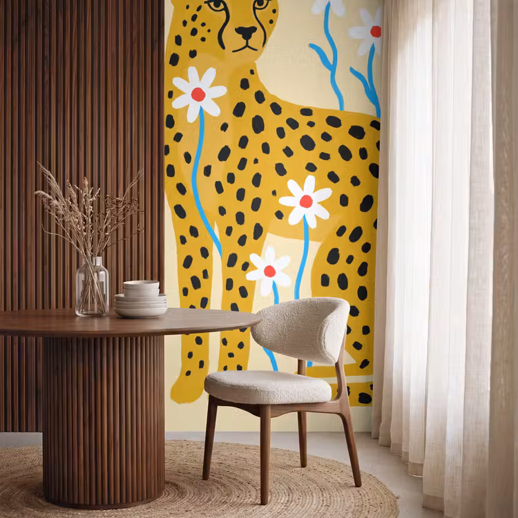 Behang - Dieren - Jachtluipaard - Bloemen - Modern - Geel — 4
