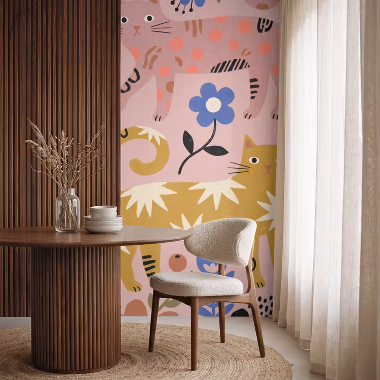 Behang - Kat - Bloemen - Dieren - Modern - Roze — 4