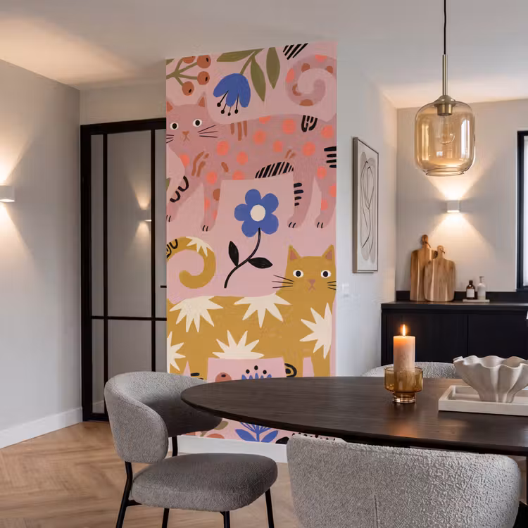 Behang - Kat - Bloemen - Dieren - Modern - Roze — 5