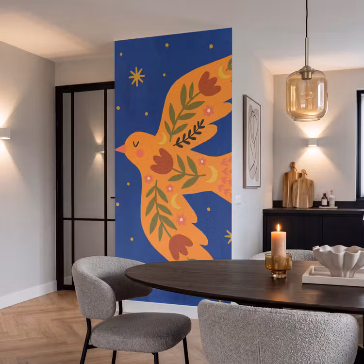 Behang - Vogel - Bloemen - Decoratief - Oranje - Blauw — 5