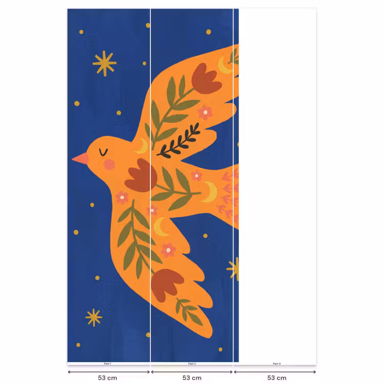 Behang - Vogel - Bloemen - Decoratief - Oranje - Blauw — 6