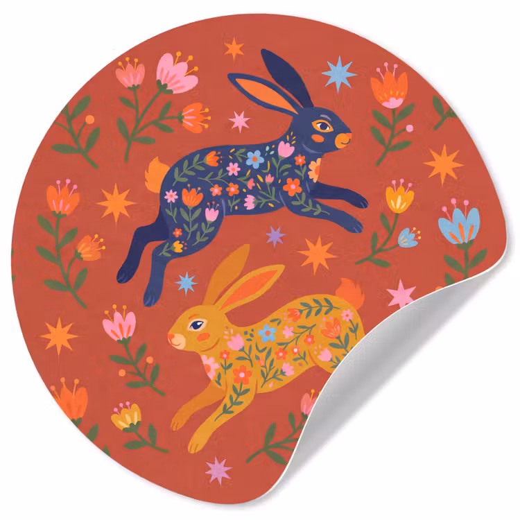 Behangcirkel - Konijn - Bloemen - Folk Art - Kleurrijk - Dieren — 1
