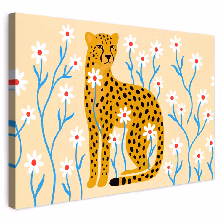 Buiten canvas - Dieren - Jachtluipaard - Bloemen - Modern - Geel — 1