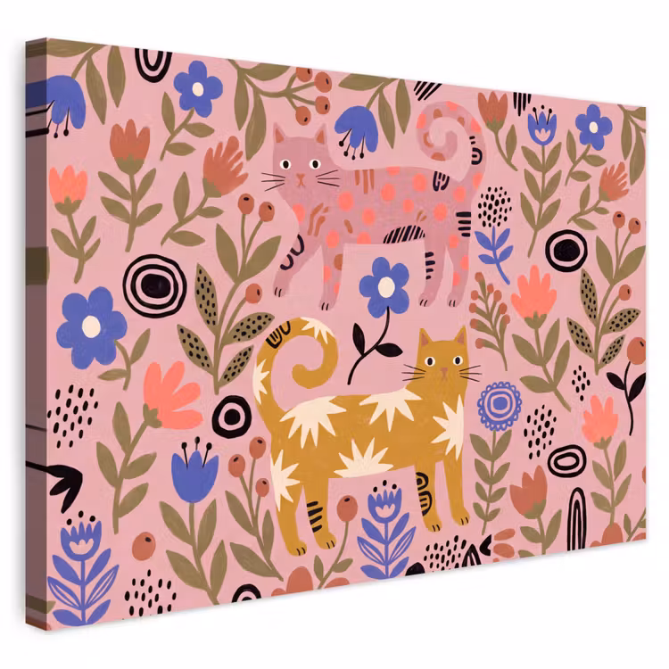 Buiten canvas - Kat - Bloemen - Dieren - Modern - Roze — 1