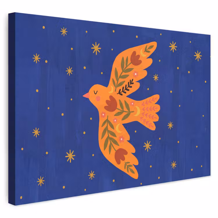 Buiten canvas - Vogel - Bloemen - Decoratief - Oranje - Blauw — 1