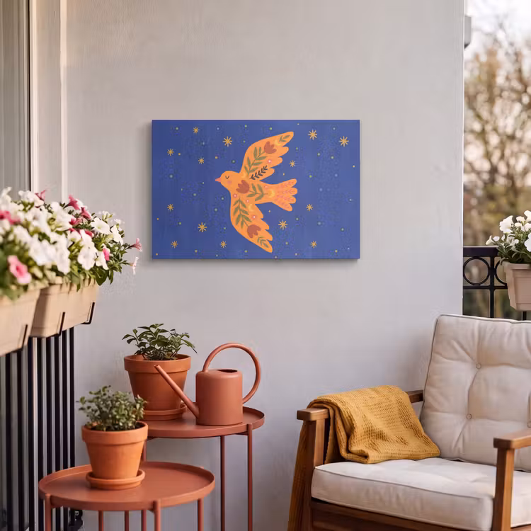Buiten canvas - Vogel - Bloemen - Decoratief - Oranje - Blauw — 3