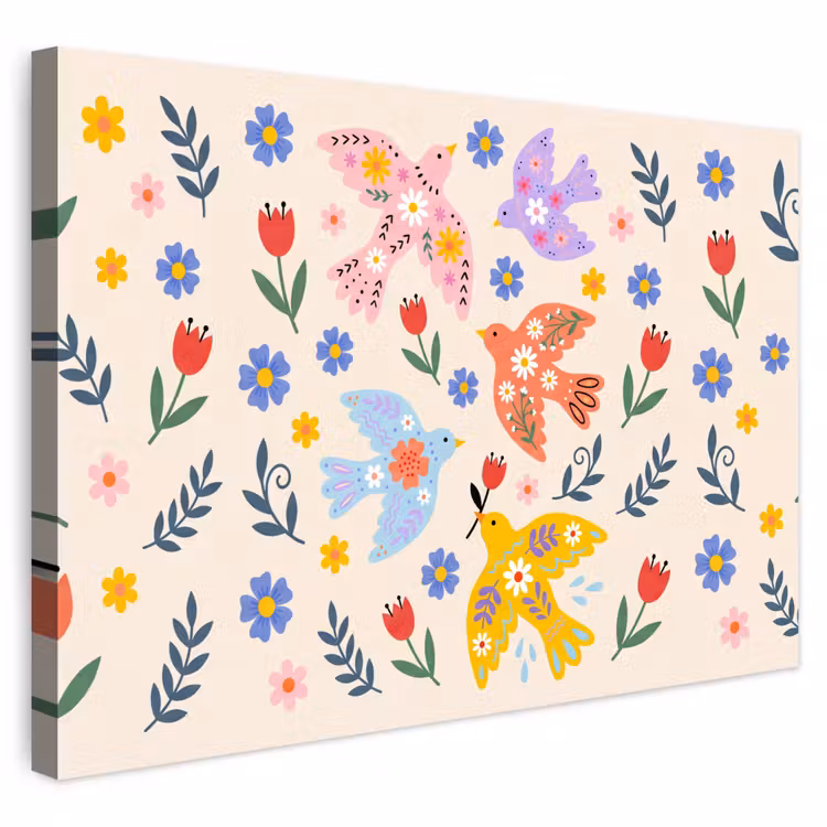 Buiten canvas - Vogel - Bloemen - Folk - Kleurrijk - Dieren — 1