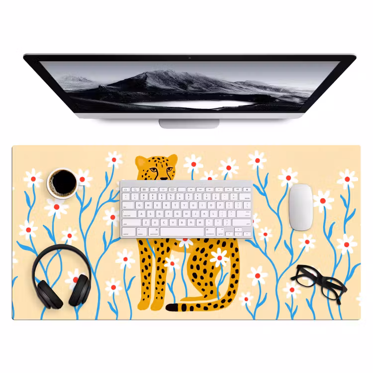 Bureau onderlegger - Dieren - Jachtluipaard - Bloemen - Modern - Geel — 4