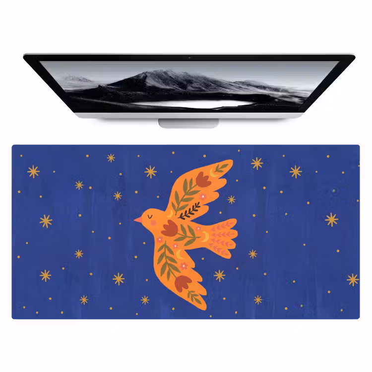Bureau onderlegger - Vogel - Bloemen - Decoratief - Oranje - Blauw — 1