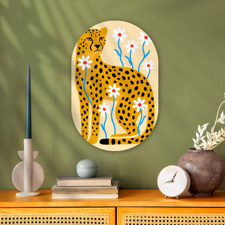 Muurovaal - Dieren - Jachtluipaard - Bloemen - Modern - Geel — 2