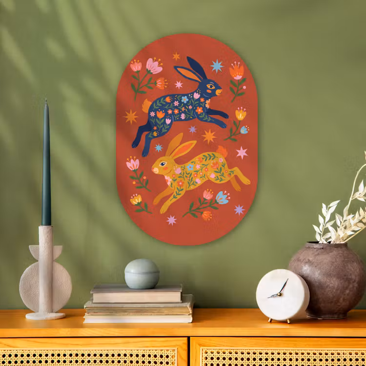 Muurovaal - Konijn - Bloemen - Folk Art - Kleurrijk - Dieren — 1