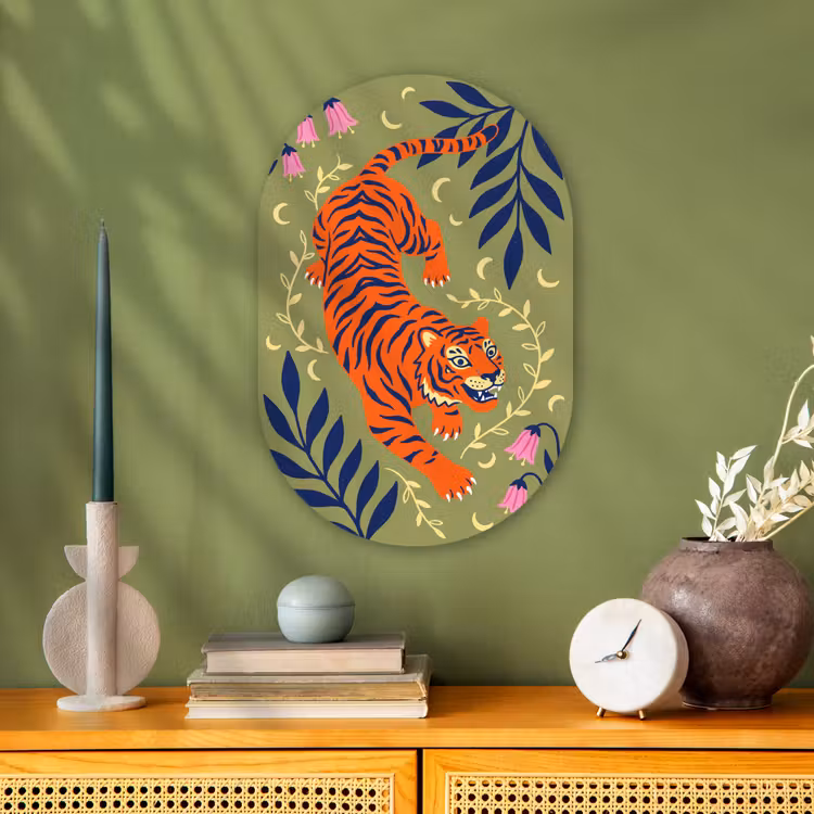 Muurovaal - Tijger - Bladeren - Dieren - Illustratie - Oranje — 1
