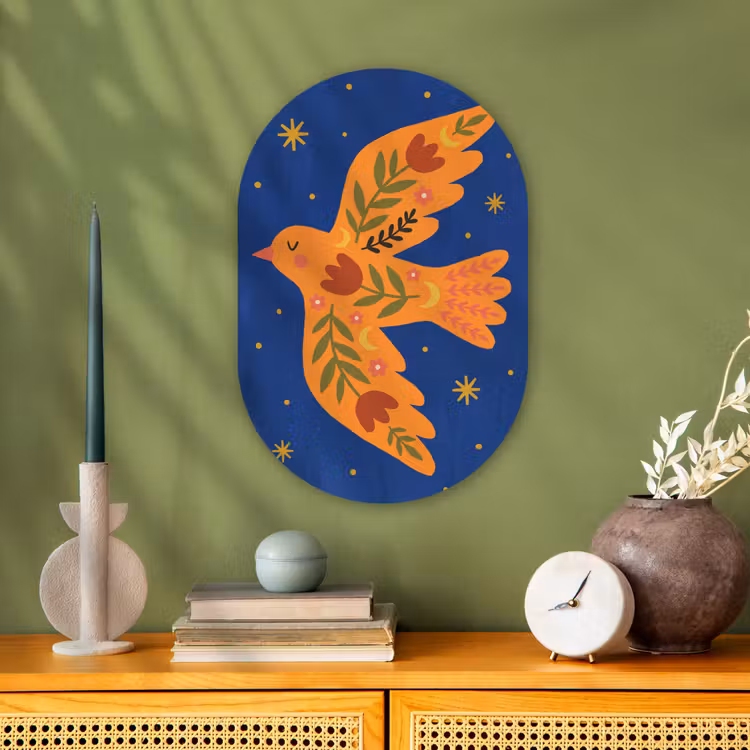 Muurovaal - Vogel - Bloemen - Decoratief - Oranje - Blauw — 1