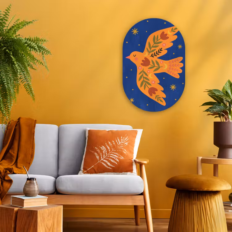 Muurovaal - Vogel - Bloemen - Decoratief - Oranje - Blauw — 2
