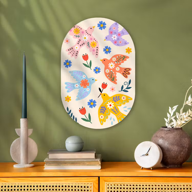 Muurovaal - Vogel - Bloemen - Folk - Kleurrijk - Dieren — 2