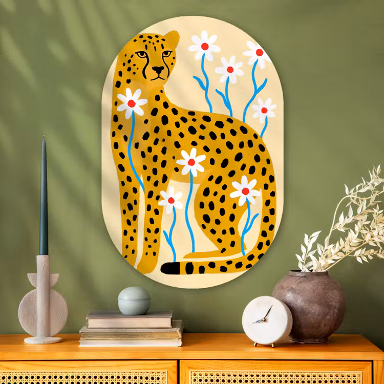 Muurovaal glas - Dieren - Jachtluipaard - Bloemen - Modern - Geel — 2