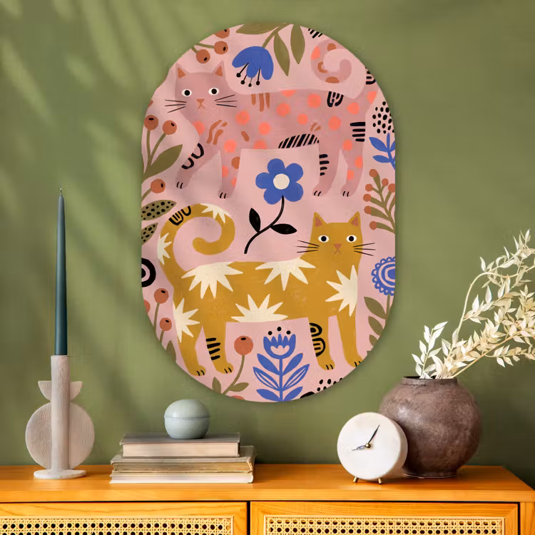 Muurovaal glas - Kat - Bloemen - Dieren - Modern - Roze — 2