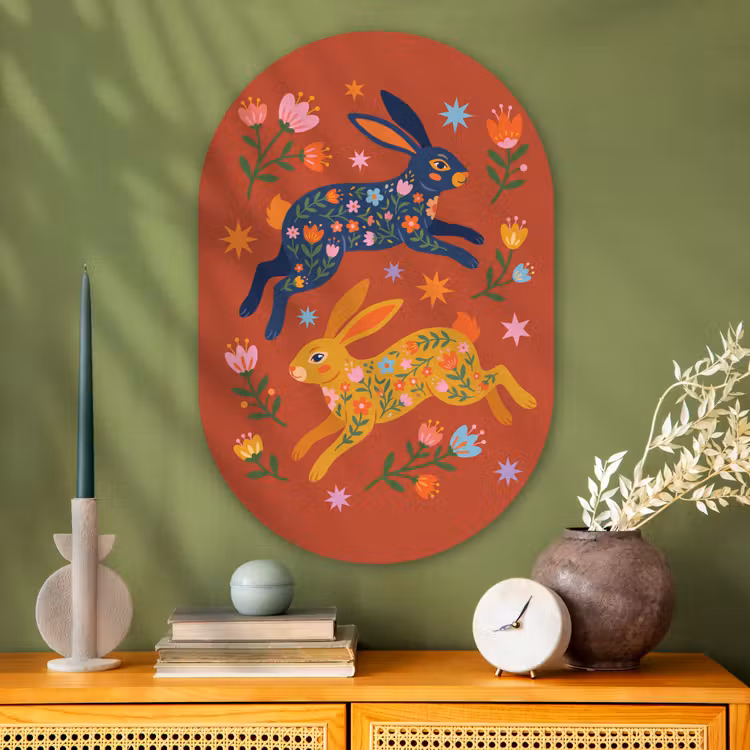 Muurovaal glas - Konijn - Bloemen - Folk Art - Kleurrijk - Dieren — 2