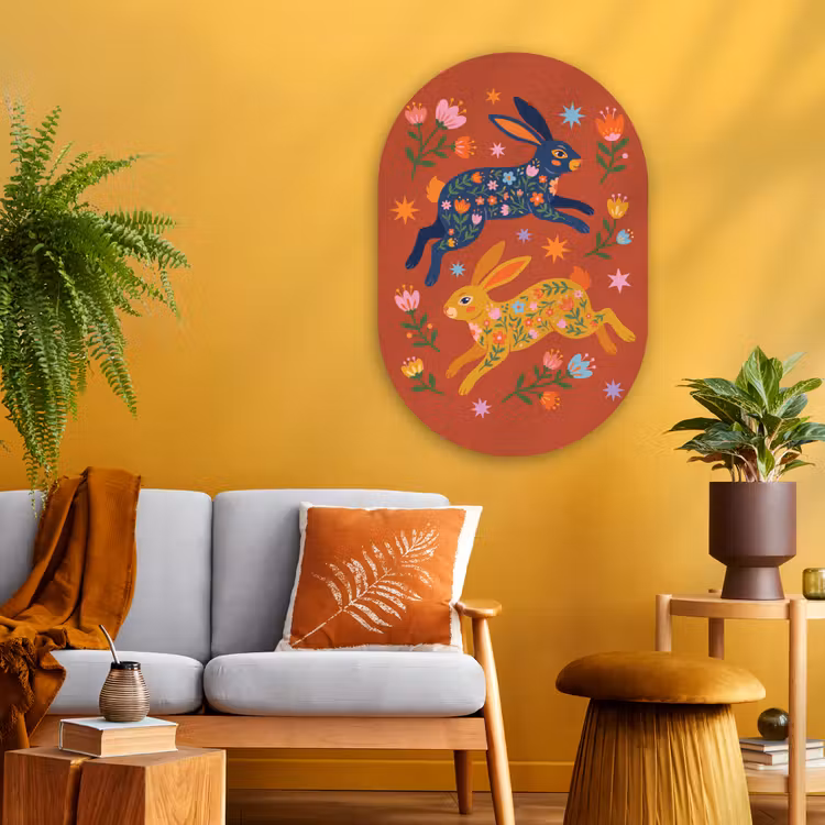 Muurovaal glas - Konijn - Bloemen - Folk Art - Kleurrijk - Dieren — 3