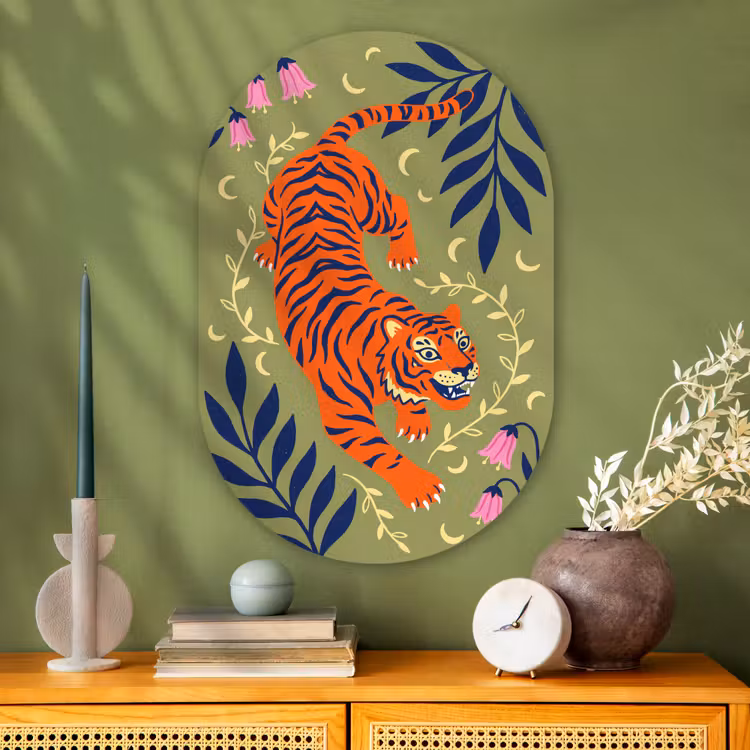 Muurovaal glas - Tijger - Bladeren - Dieren - Illustratie - Oranje — 2