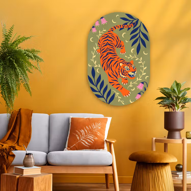 Muurovaal glas - Tijger - Bladeren - Dieren - Illustratie - Oranje — 3