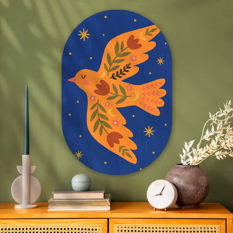 Muurovaal glas - Vogel - Bloemen - Decoratief - Oranje - Blauw — 2