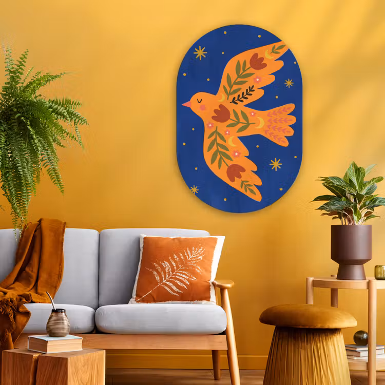 Muurovaal glas - Vogel - Bloemen - Decoratief - Oranje - Blauw — 3