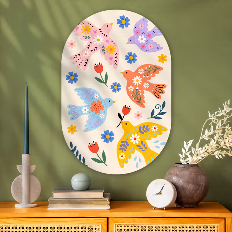 Muurovaal glas - Vogel - Bloemen - Folk - Kleurrijk - Dieren — 2