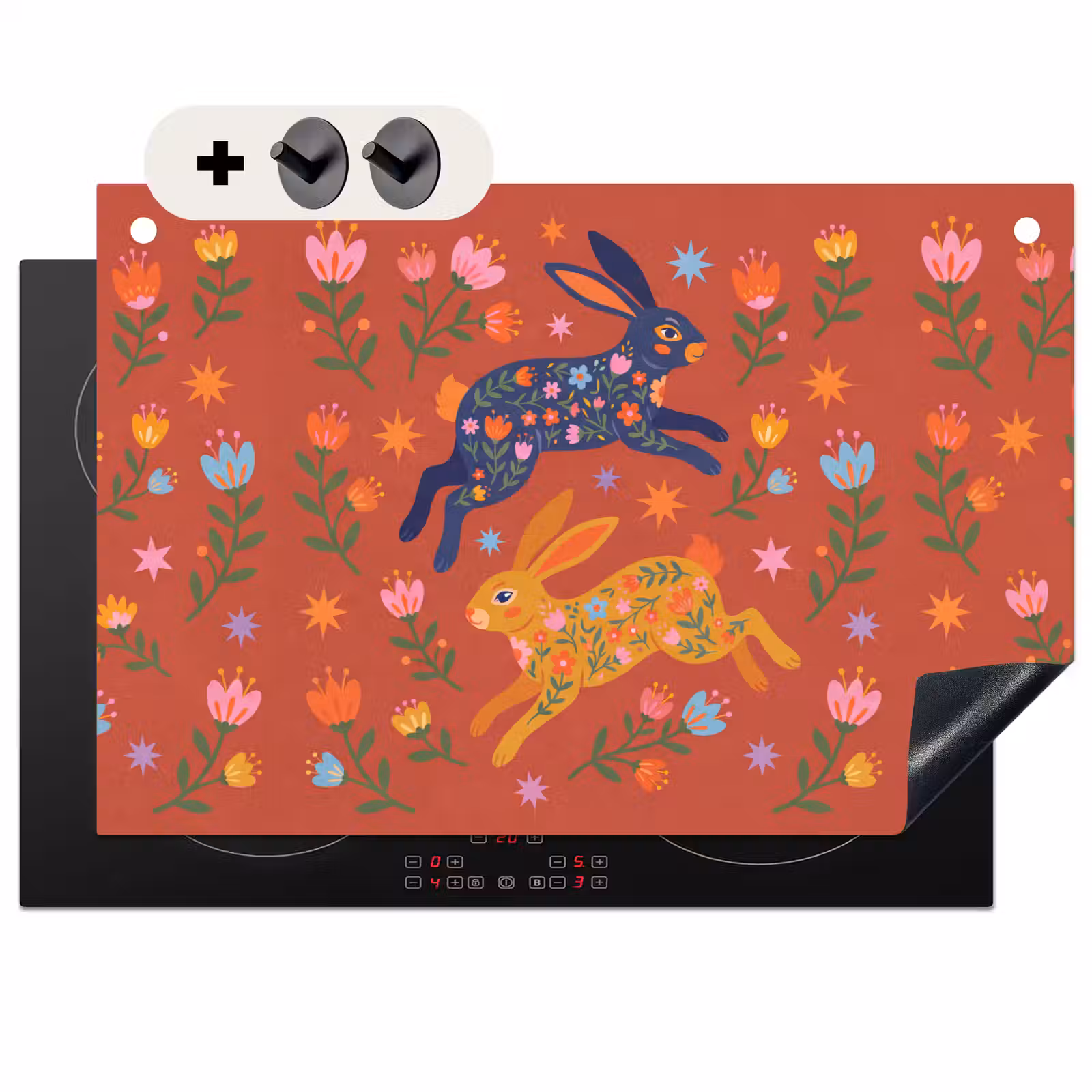 Inductiebeschermer & spatscherm (2in1) - Konijn - Bloemen - Folk Art - Kleurrijk - Dieren — 1