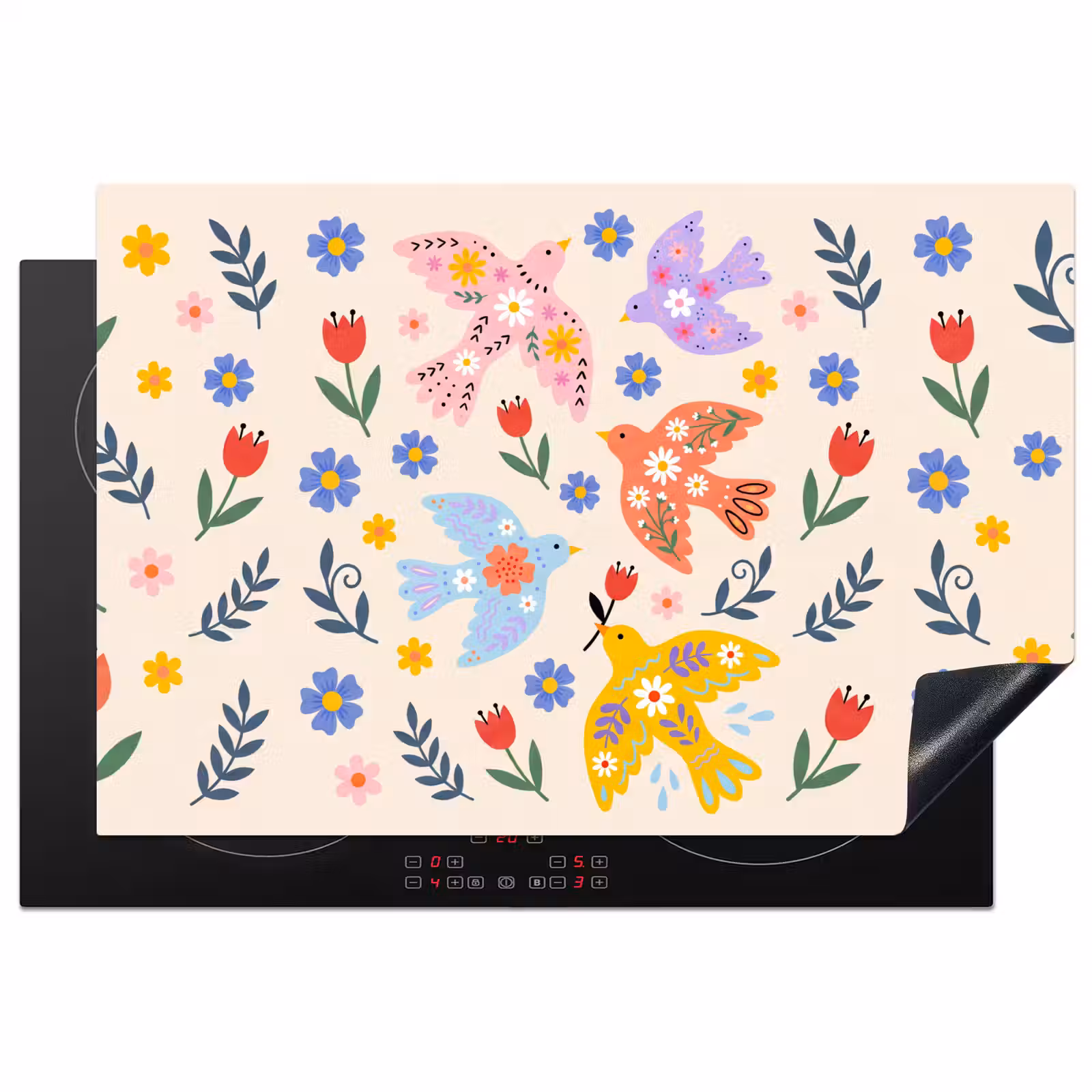 Inductiebeschermer - Vogel - Bloemen - Folk - Kleurrijk - Dieren — 1