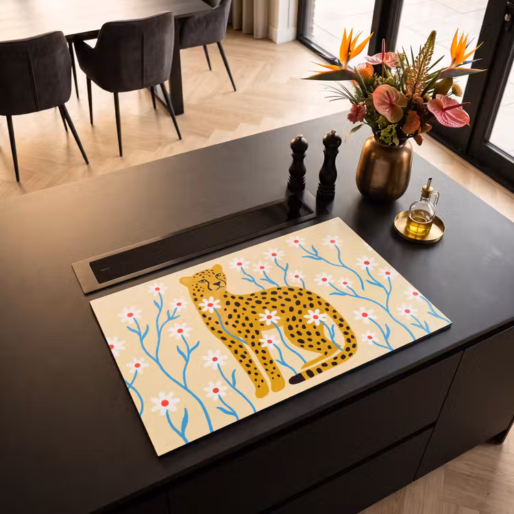 Inductiebeschermer - Dieren - Jachtluipaard - Bloemen - Modern - Geel — 2