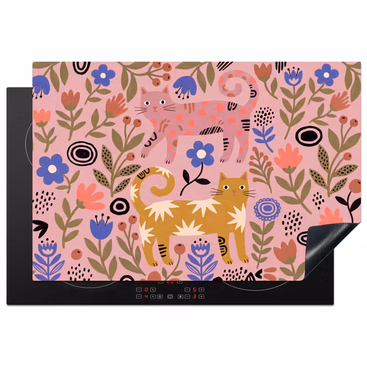 Inductiebeschermer - Kat - Bloemen - Dieren - Modern - Roze — 1