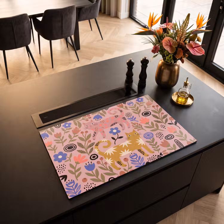Inductiebeschermer - Kat - Bloemen - Dieren - Modern - Roze — 2