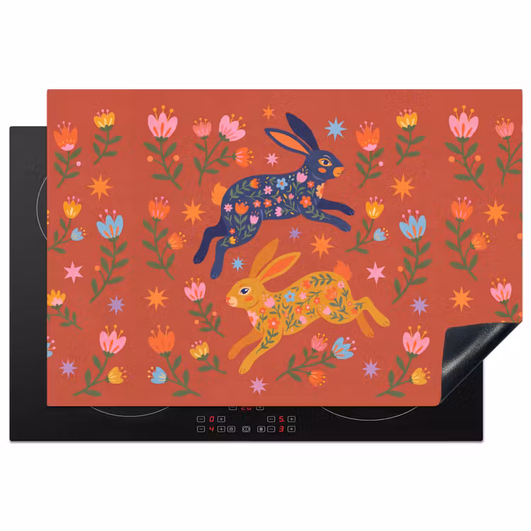 Inductiebeschermer - Konijn - Bloemen - Folk Art - Kleurrijk - Dieren — 1