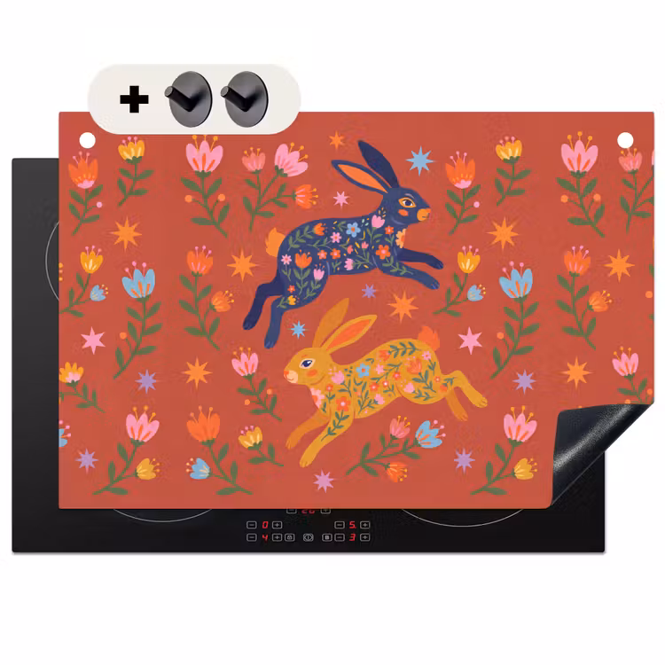 Inductiebeschermer & spatscherm (2in1) - Konijn - Bloemen - Folk Art - Kleurrijk - Dieren — 1