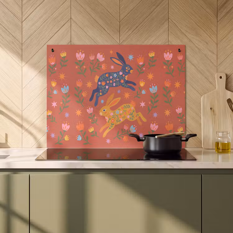 Inductiebeschermer & spatscherm (2in1) - Konijn - Bloemen - Folk Art - Kleurrijk - Dieren — 2