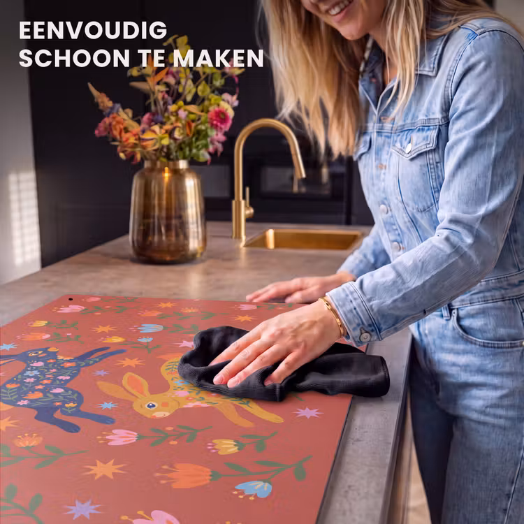 Inductiebeschermer & spatscherm (2in1) - Konijn - Bloemen - Folk Art - Kleurrijk - Dieren — 5