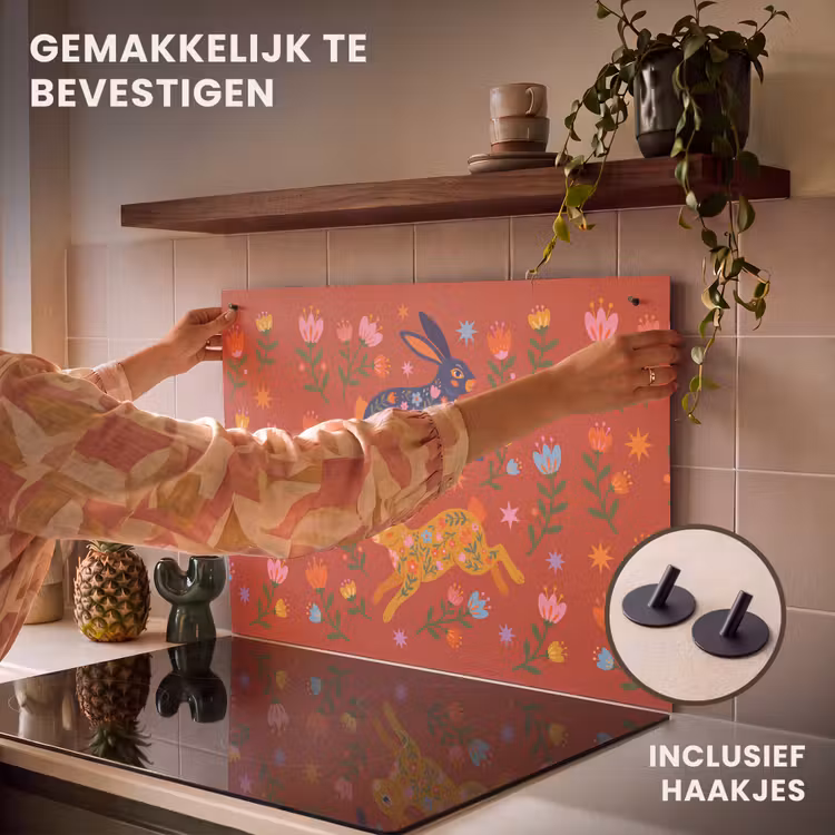 Inductiebeschermer & spatscherm (2in1) - Konijn - Bloemen - Folk Art - Kleurrijk - Dieren — 7