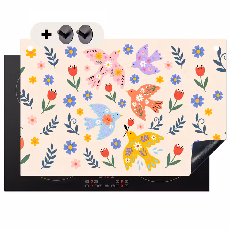 Inductiebeschermer & spatscherm (2in1) - Vogel - Bloemen - Folk - Kleurrijk - Dieren — 1