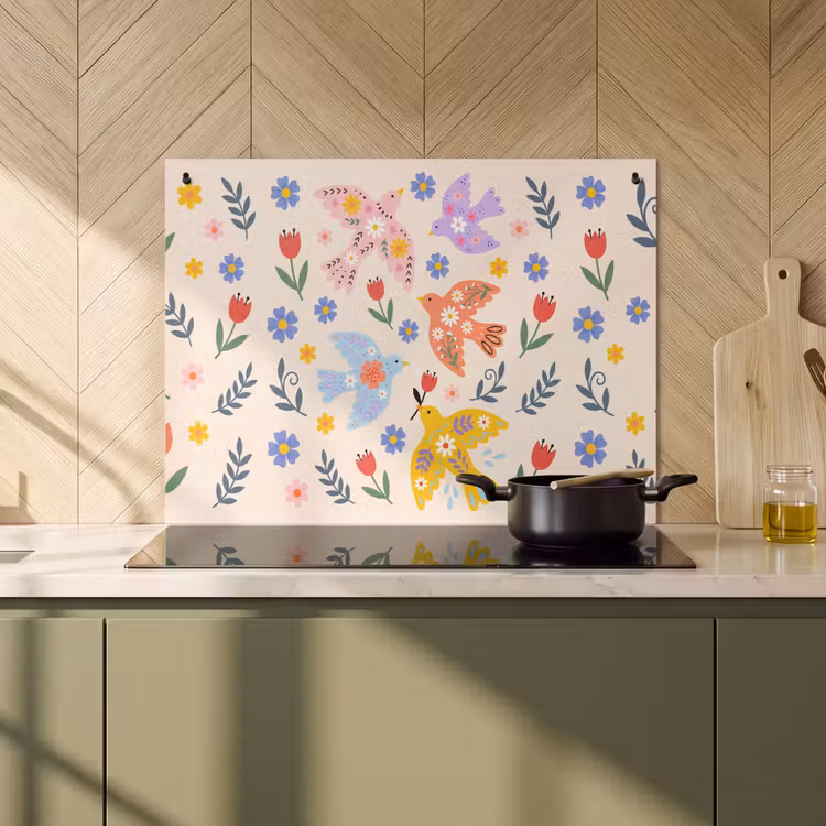Inductiebeschermer & spatscherm (2in1) - Vogel - Bloemen - Folk - Kleurrijk - Dieren — 2