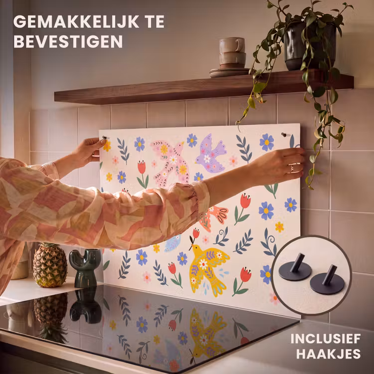 Inductiebeschermer & spatscherm (2in1) - Vogel - Bloemen - Folk - Kleurrijk - Dieren — 7