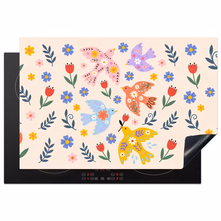 Inductiebeschermer - Vogel - Bloemen - Folk - Kleurrijk - Dieren — 1