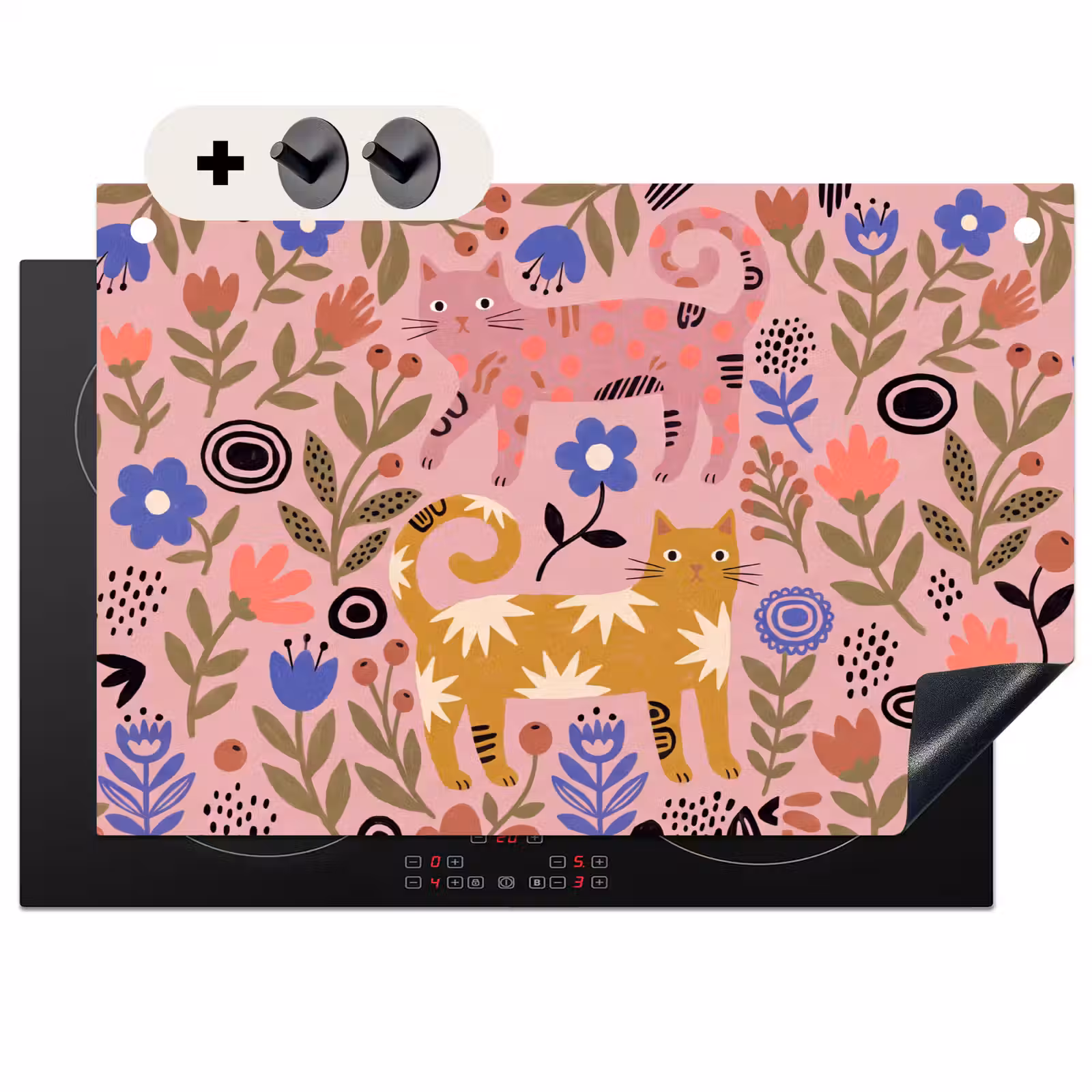 Inductiebeschermer & spatscherm (2in1) - Kat - Bloemen - Dieren - Modern - Roze — 1
